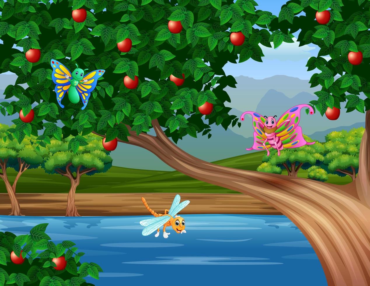 Illustration of some insects flying near the apple tree vector