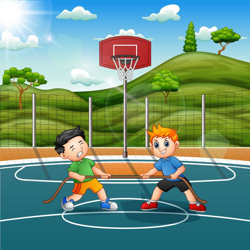 Cartoon two boys having tug of war in the field vector