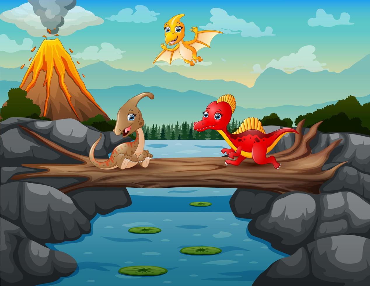 Illustration of an erupting mountain with dinosaurs in the river vector