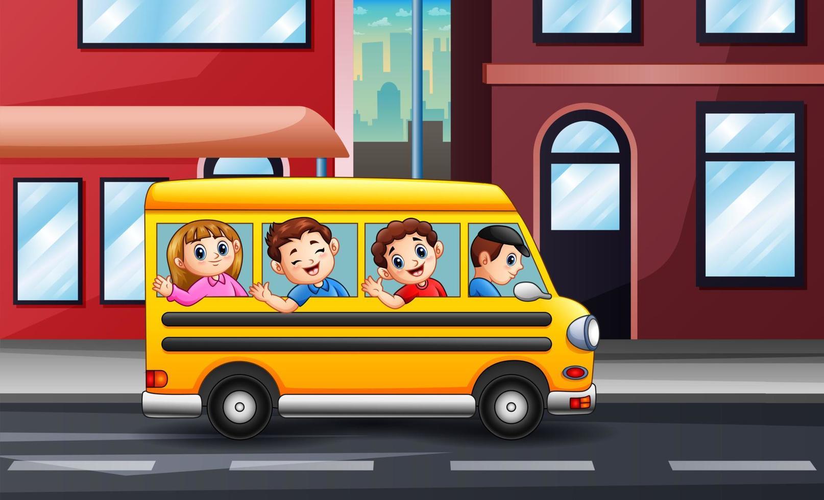 niños felices de dibujos animados montando el autobús escolar vector