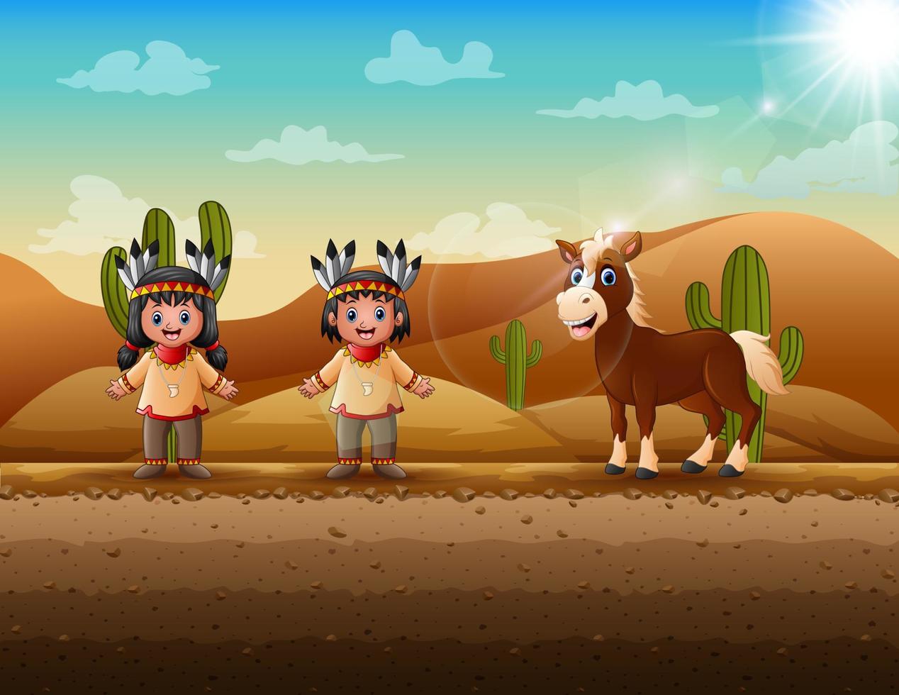 Cartoon of native indian girl and boy at desert vector