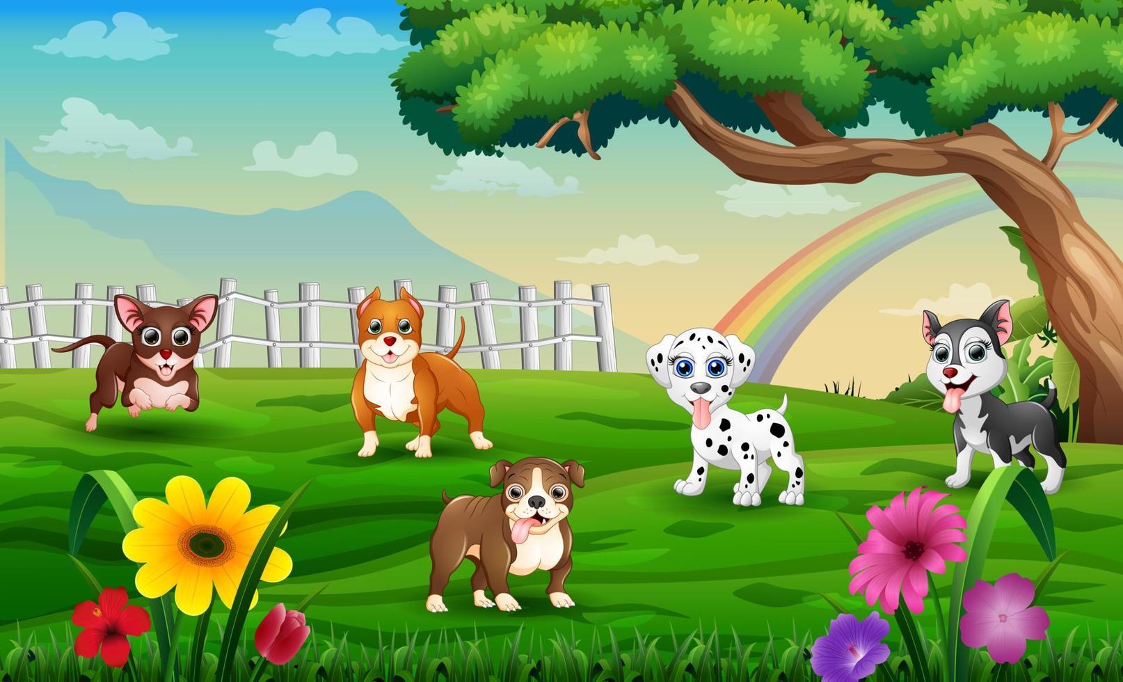 Funny cartoon different breeds dogs in the meadow vector