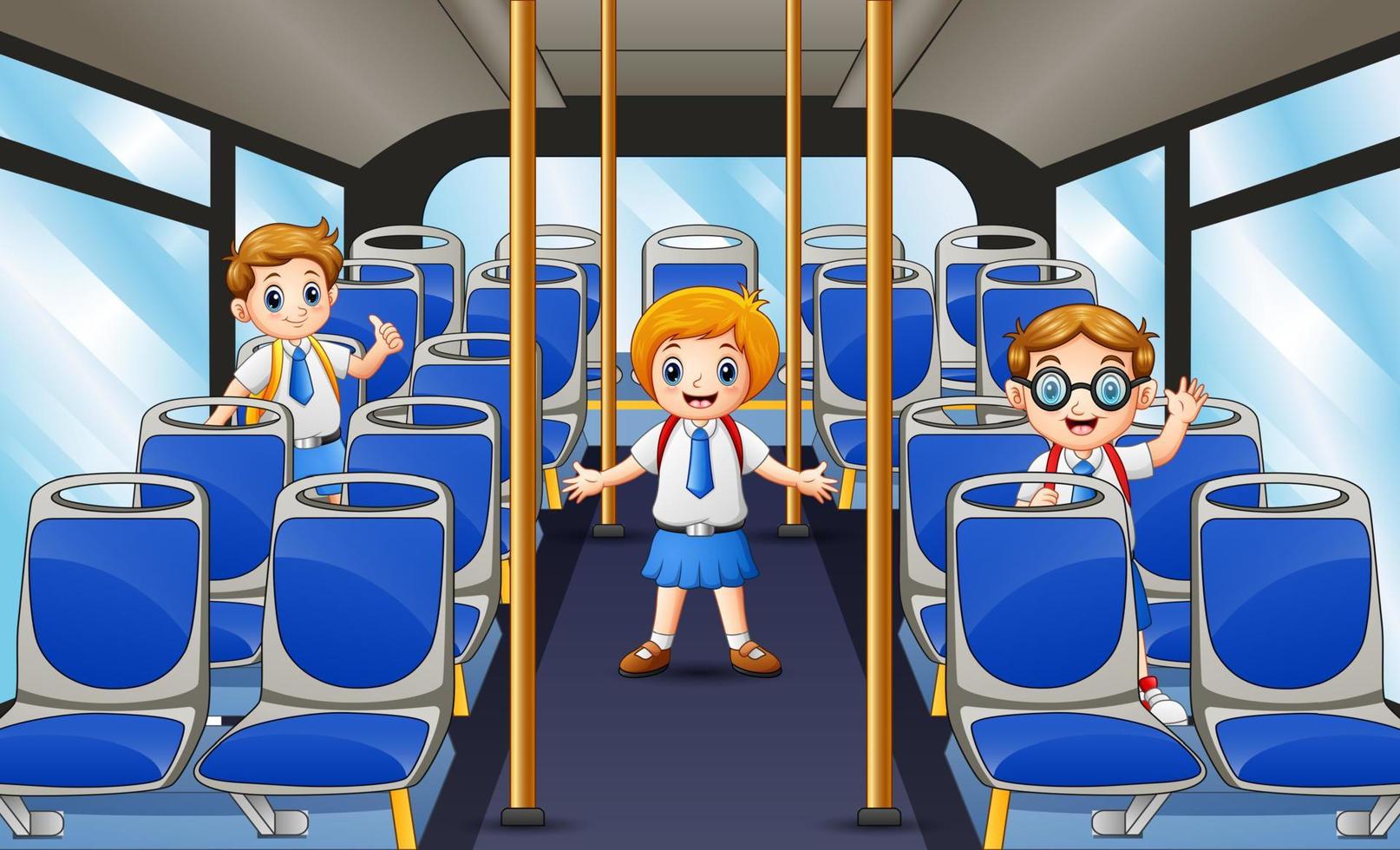 Happy school children on the school bus vector