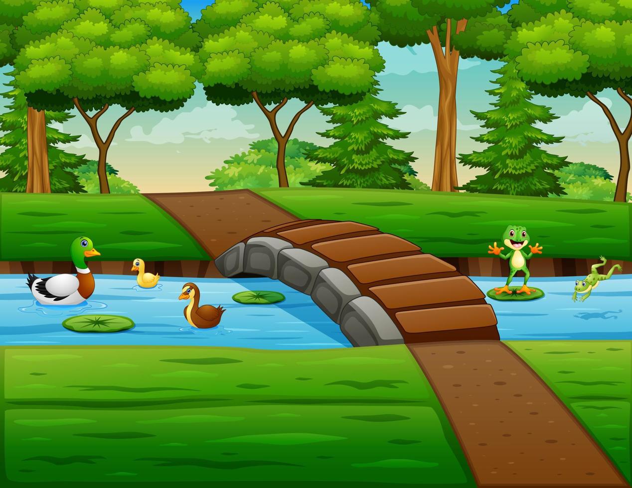 ilustración de dibujos animados patito y ranas jugando en un río vector