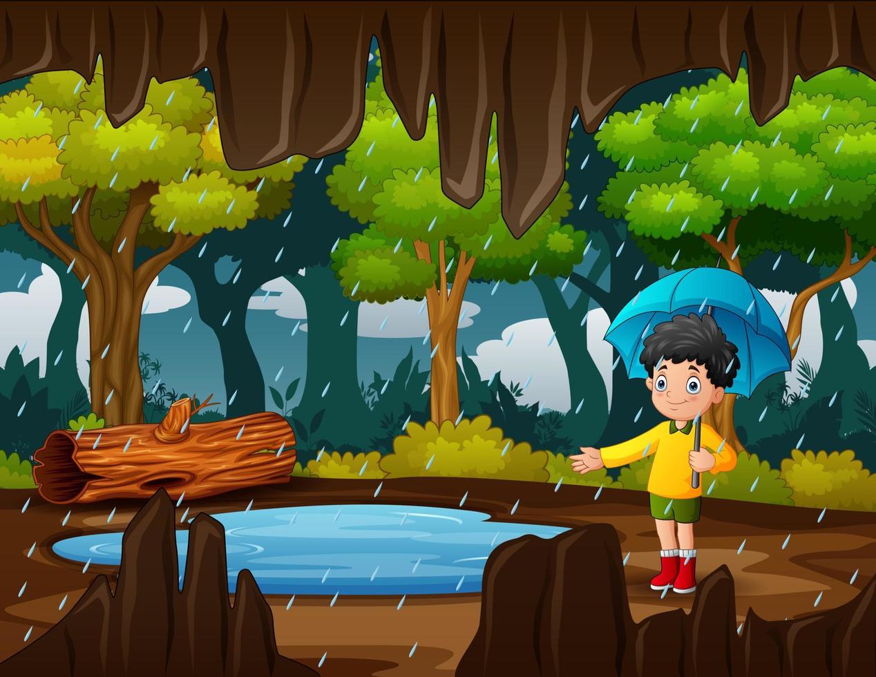 caricatura de un niño que lleva un paraguas bajo la lluvia vector
