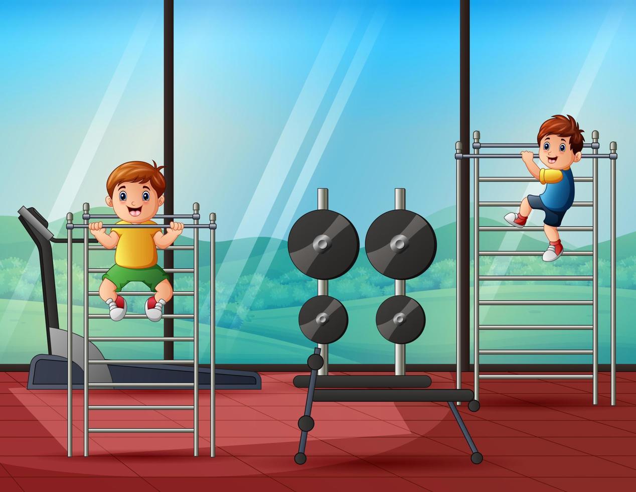 ilustración de dibujos animados de niños felices en el gimnasio vector