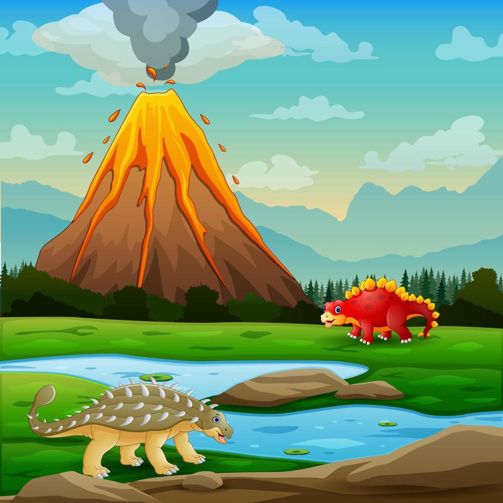 lindos dinosaurios con volcán en erupción ilustración de fondo vector