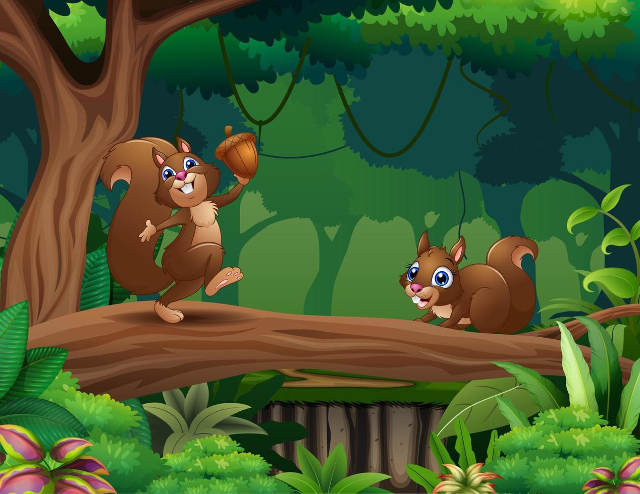 Cute squirrels cartoon on the tree vector