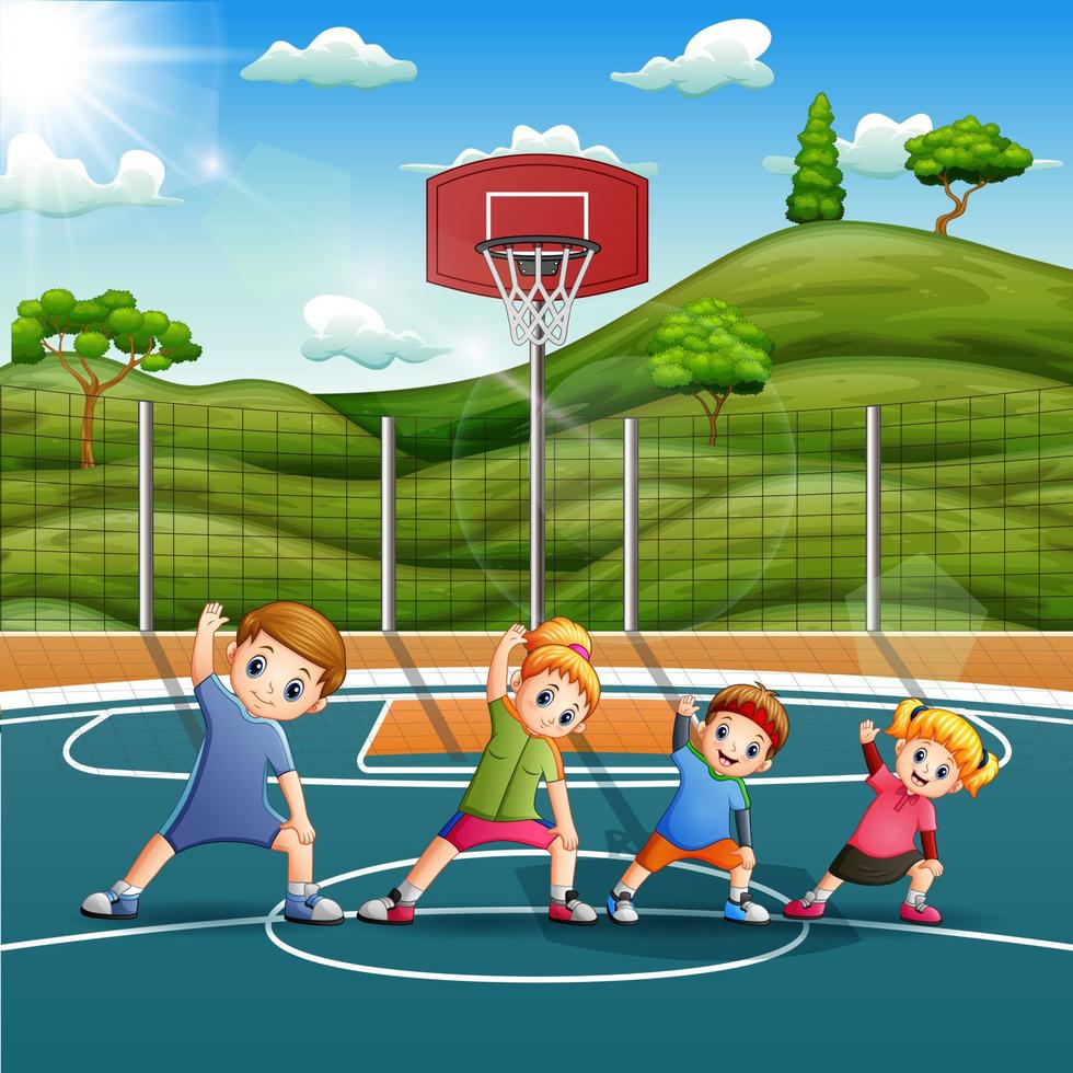 Cartoon happy family doing exercise on the basketball court vector