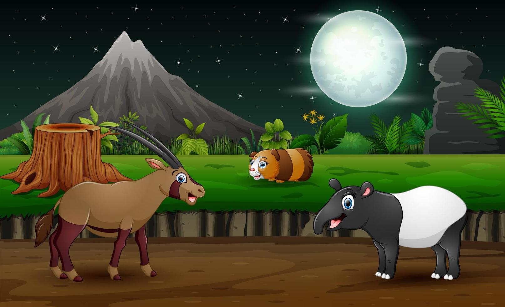 dibujos animados de animales salvajes jugando en el paisaje nocturno vector