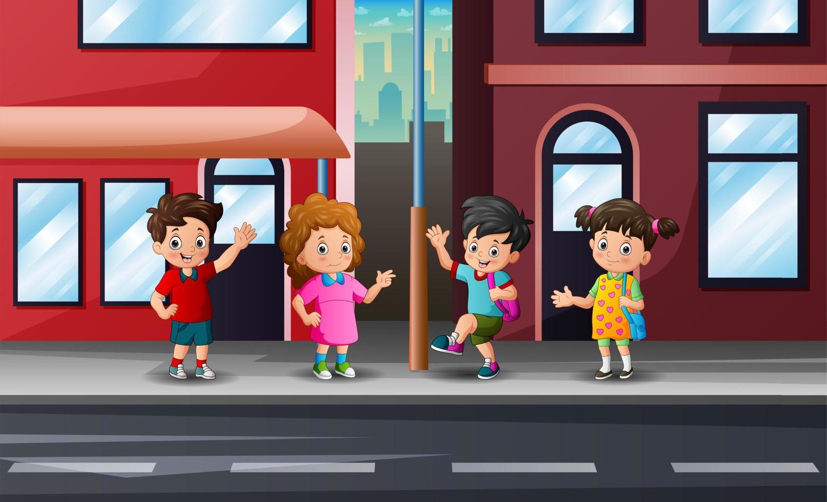 Illustration of school children in the sidewalk vector