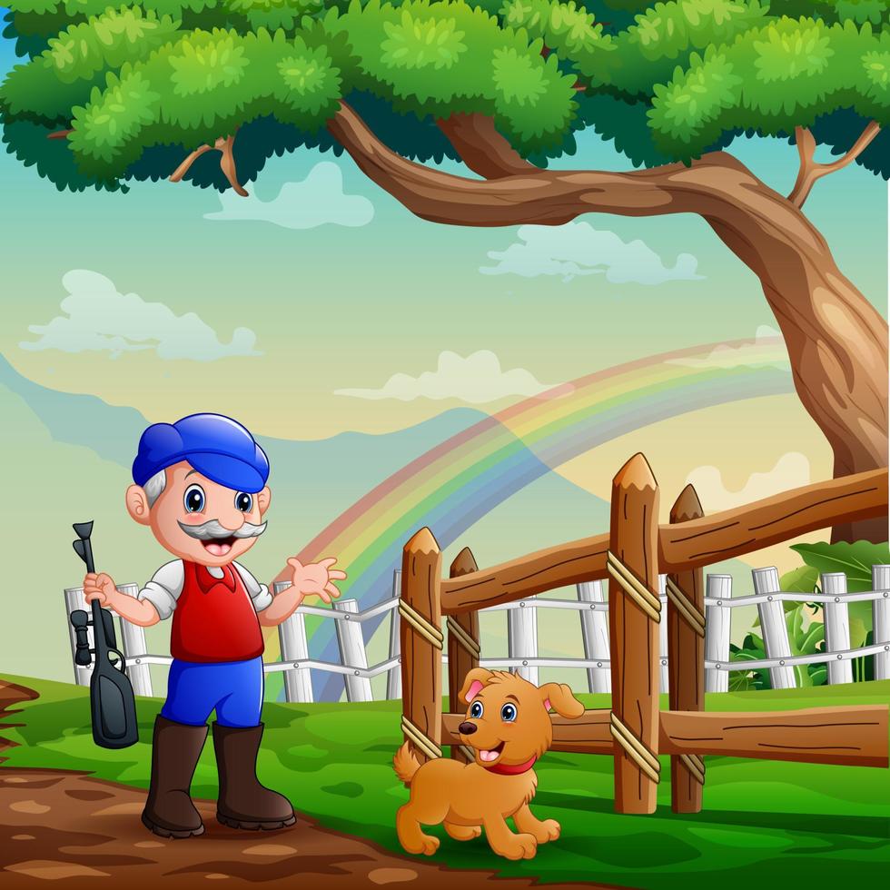 Hunter with his dog in a beautiful landscape vector