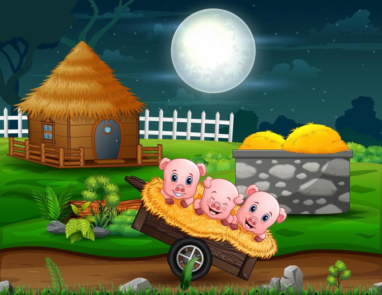 Night landscape with pigs on straw at the farm illustration vector