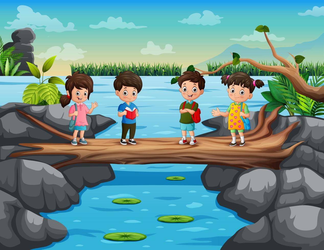 Cute kids cross the river on the tree trunk bridge vector