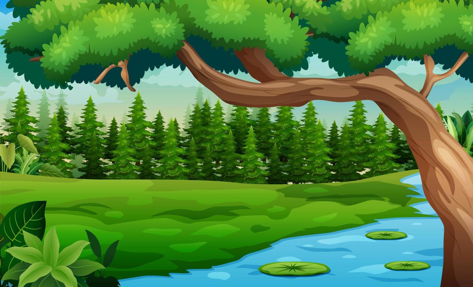 Nature forest landscape with river flowing through the meadow illustration vector