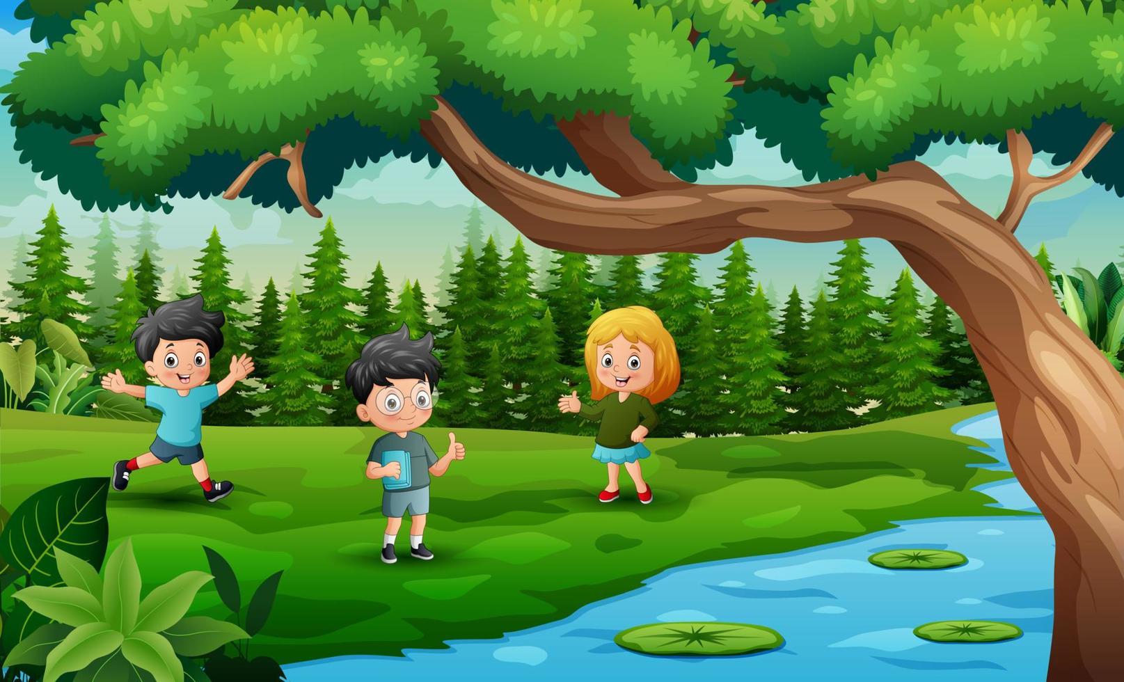 niños felices jugando junto al río ilustración vector