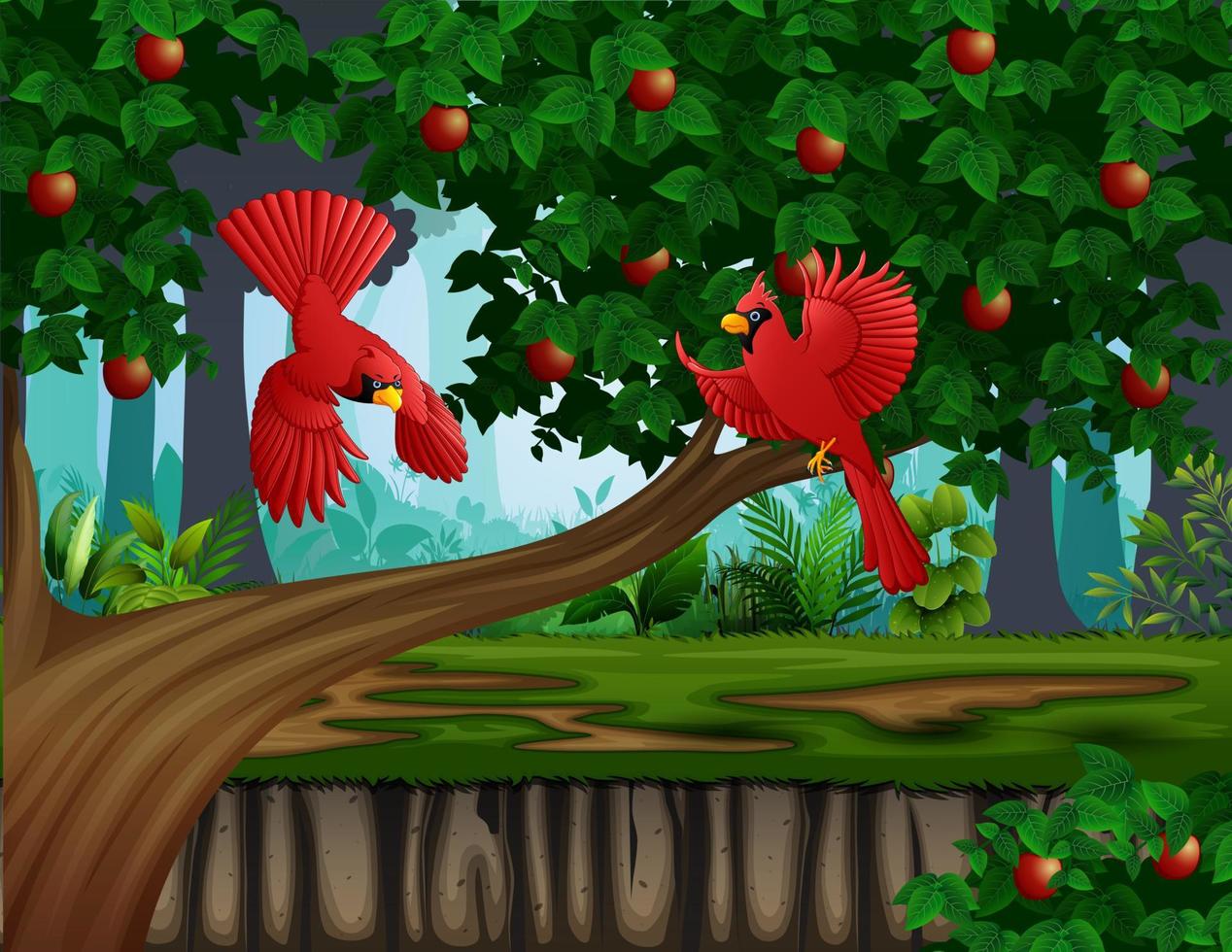 Red cardinal flying near the apple tree vector