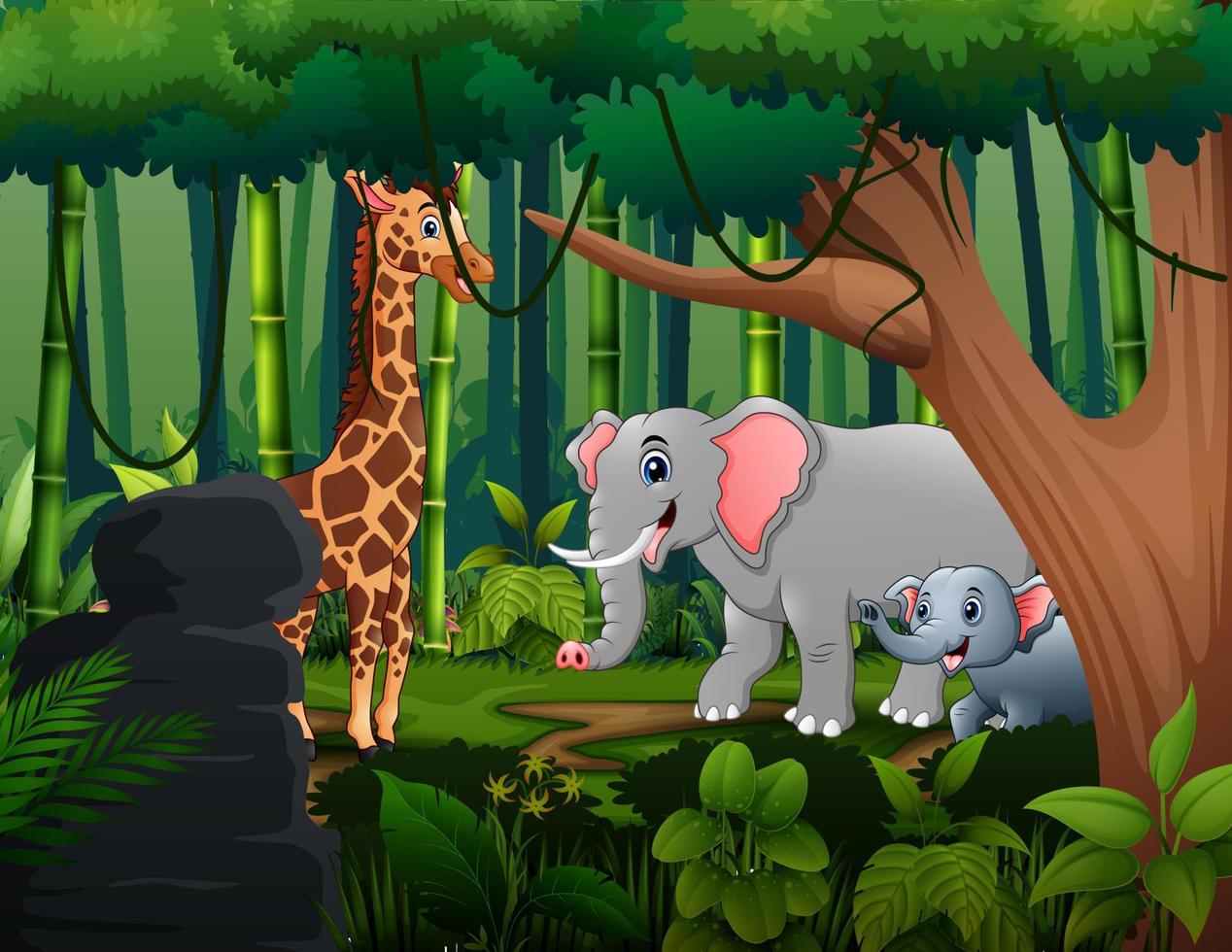 Cartoon giraffe and elephants living in the jungle vector