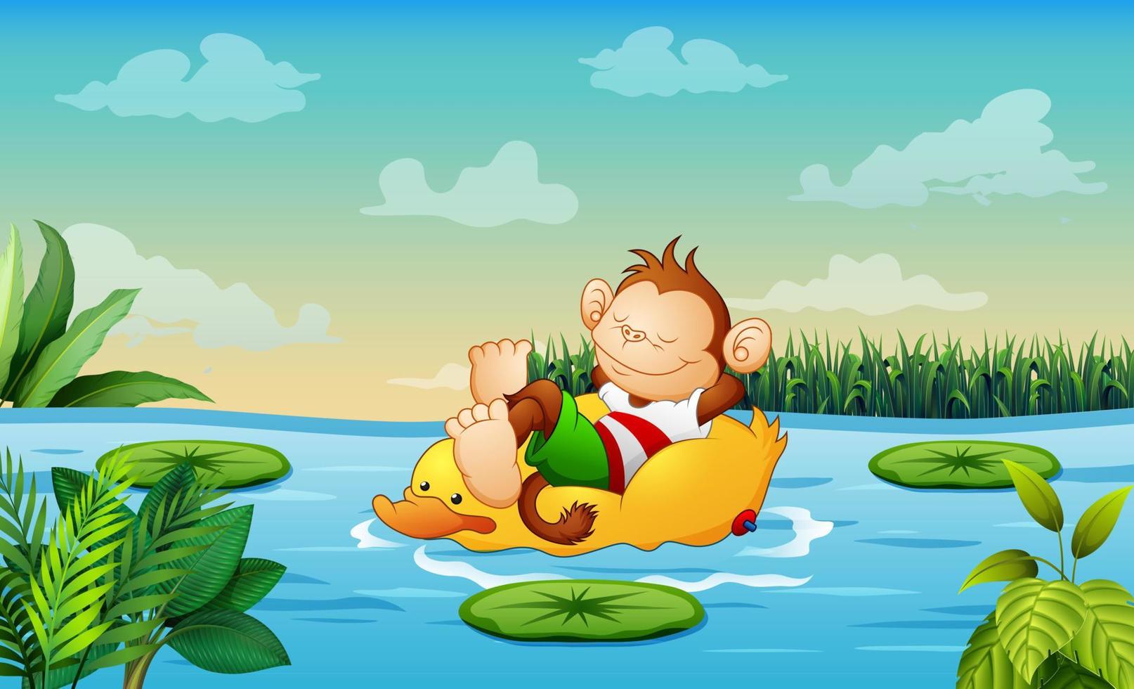 lindo un mono relajándose en un aro salvavidas de pato en la ilustración del río vector