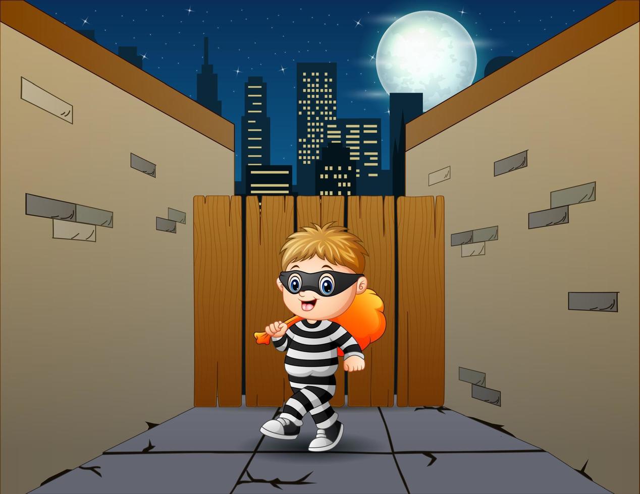 Young thief in the dark night with sack of money vector