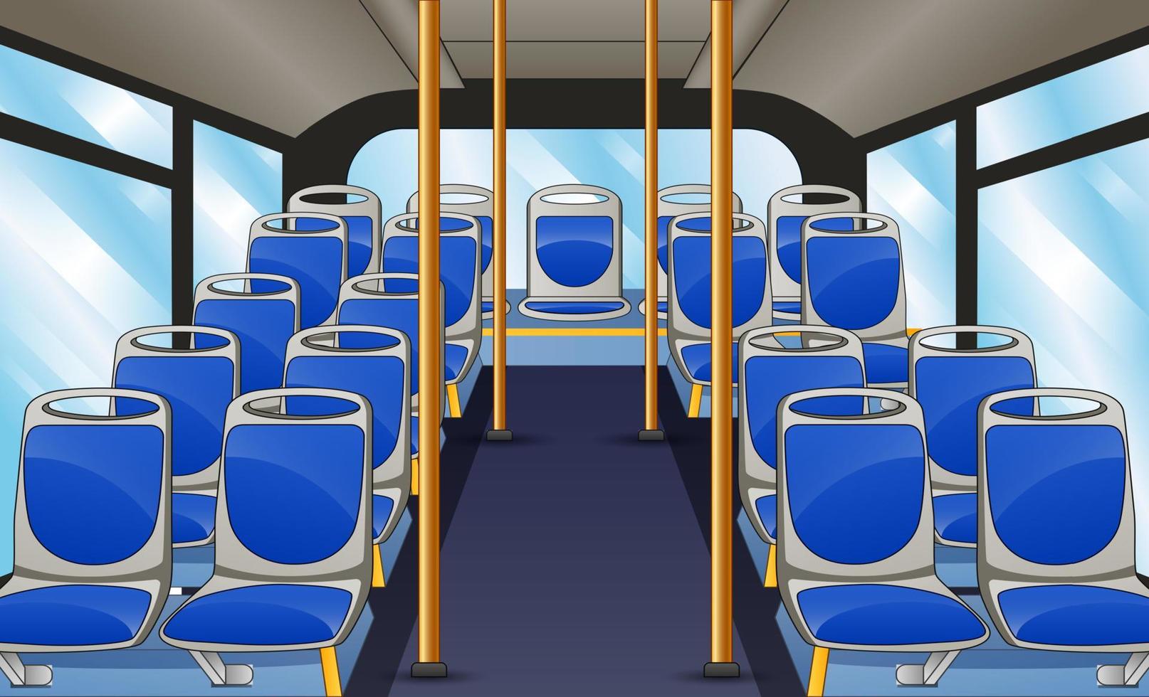 Empty bus interior with blue seats and bus handle vector