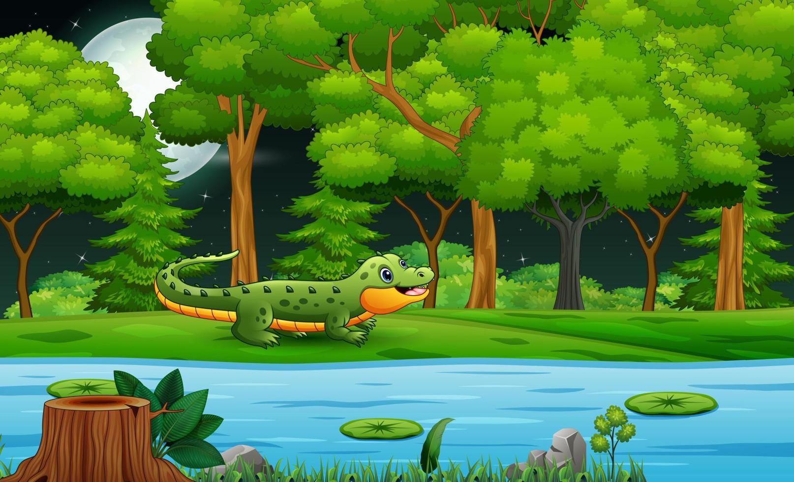 Cartoon a crocodile by the river at night vector