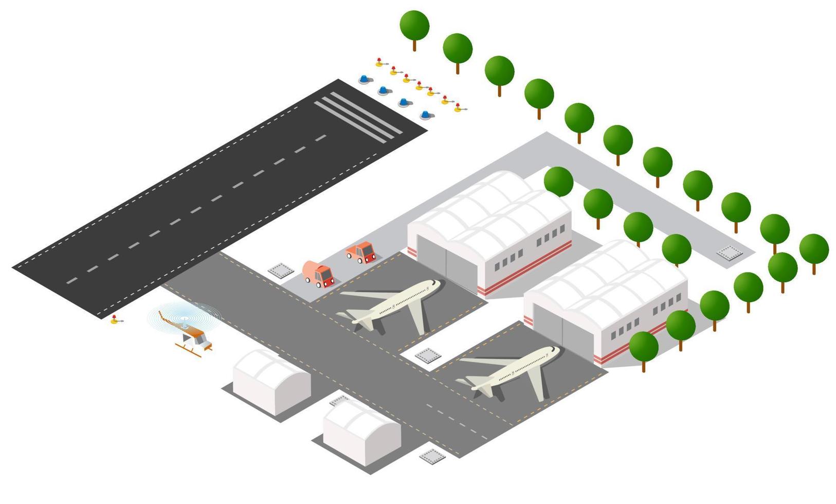 el aeropuerto de la ciudad, los árboles y el vuelo de la construcción y el edificio, la terminal, los aviones y los coches ilustran el vector. vector