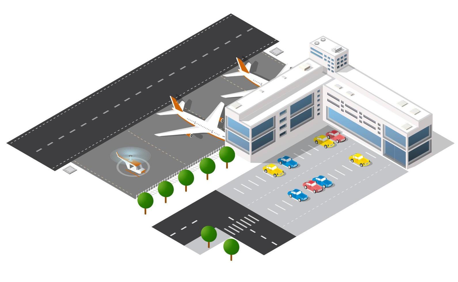 el aeropuerto de la ciudad, los árboles y el vuelo de construcción y construcción, terminal, aviones y camiones ilustran vectores. vector