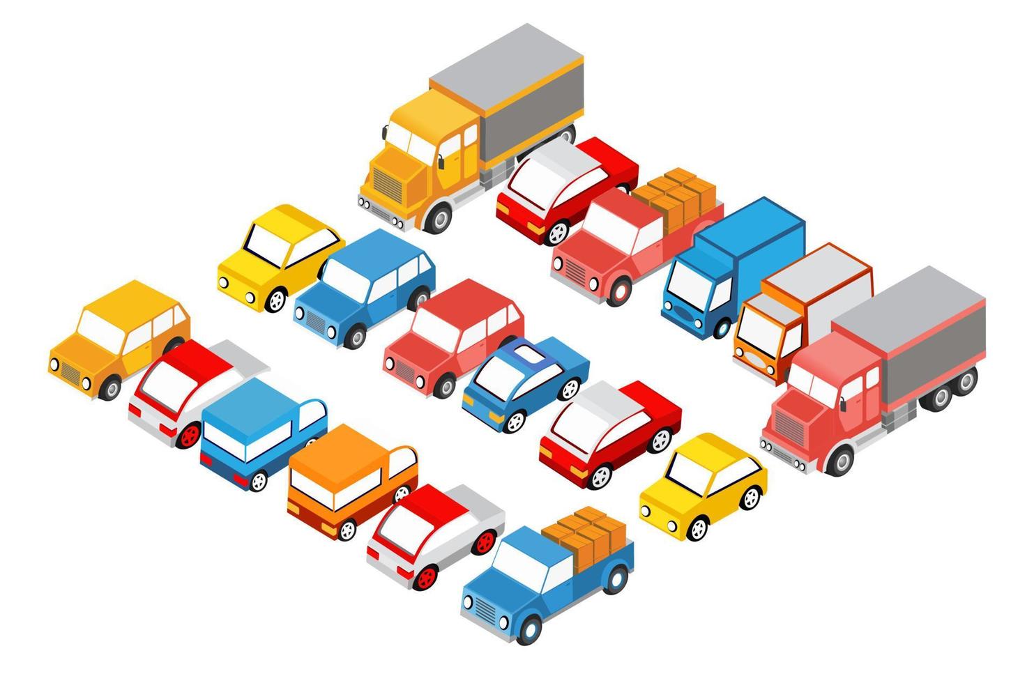 Isometric set cars and trucks transport infrastructure of the town vector