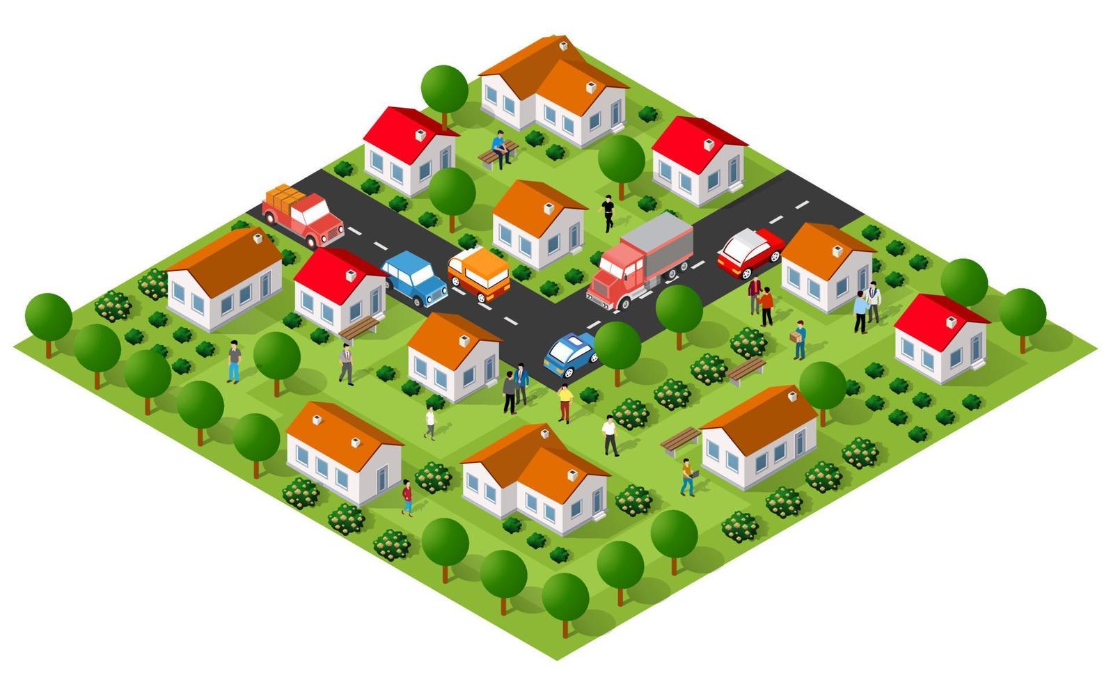 Country village district isometric illustration of a rural area with many buildings and houses, streets, trees and vehicles vector