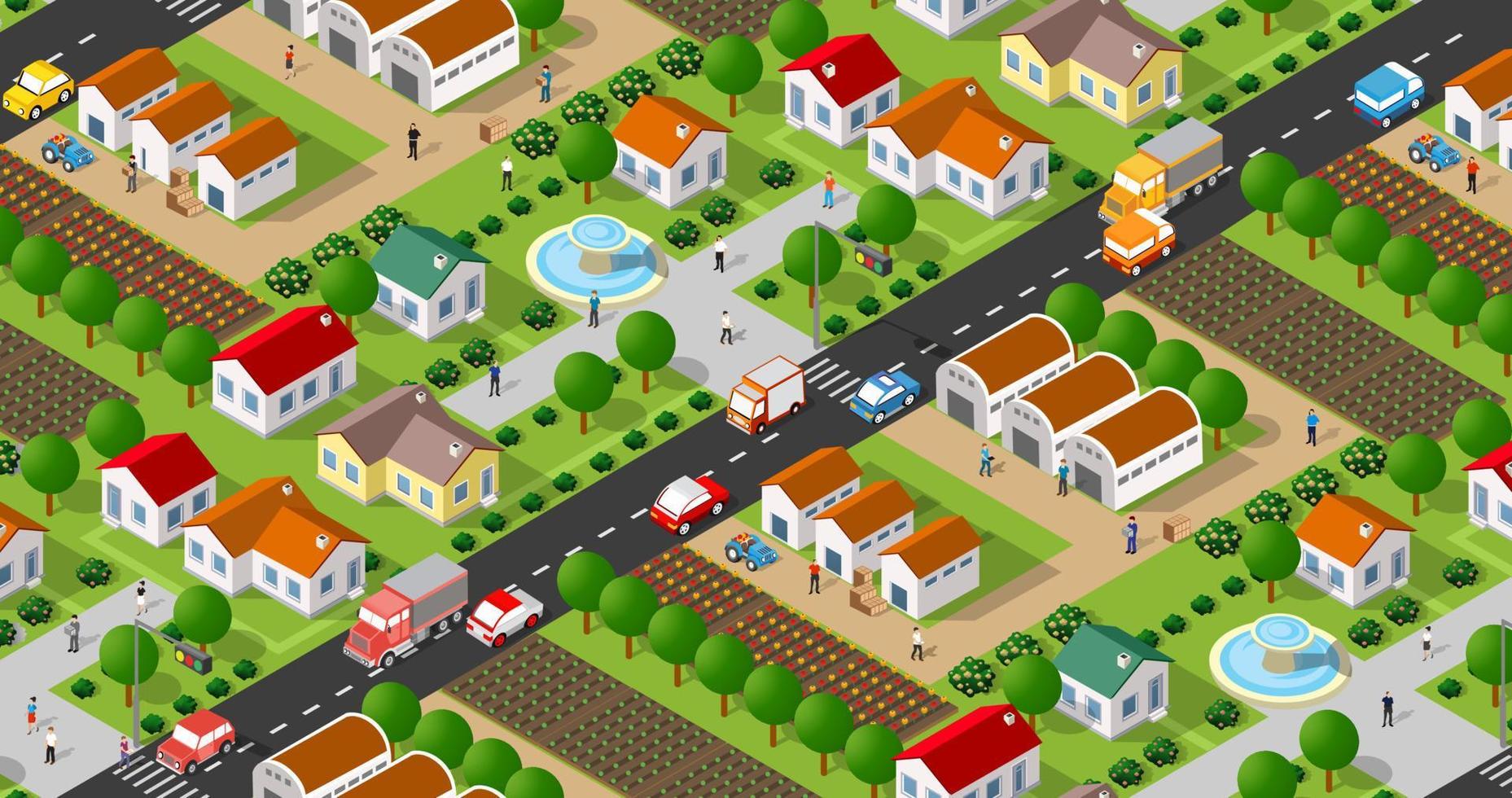 ilustración isométrica del distrito rural de una zona rural con muchos edificios y casas, calles, árboles y vehículos vector