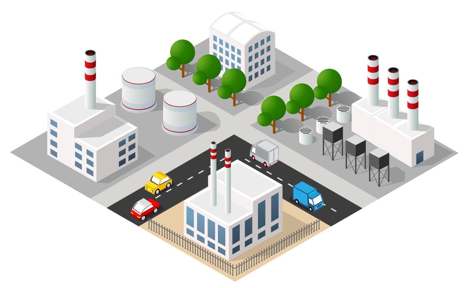 Isometric 3D illustration city urban area with a lot of houses and skyscrapers, streets, trees and vehicles vector