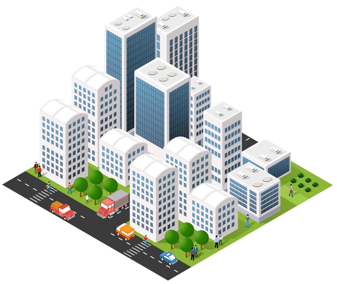 Isometric 3D illustration city urban area with a lot of houses and skyscrapers, streets, trees and vehicles vector