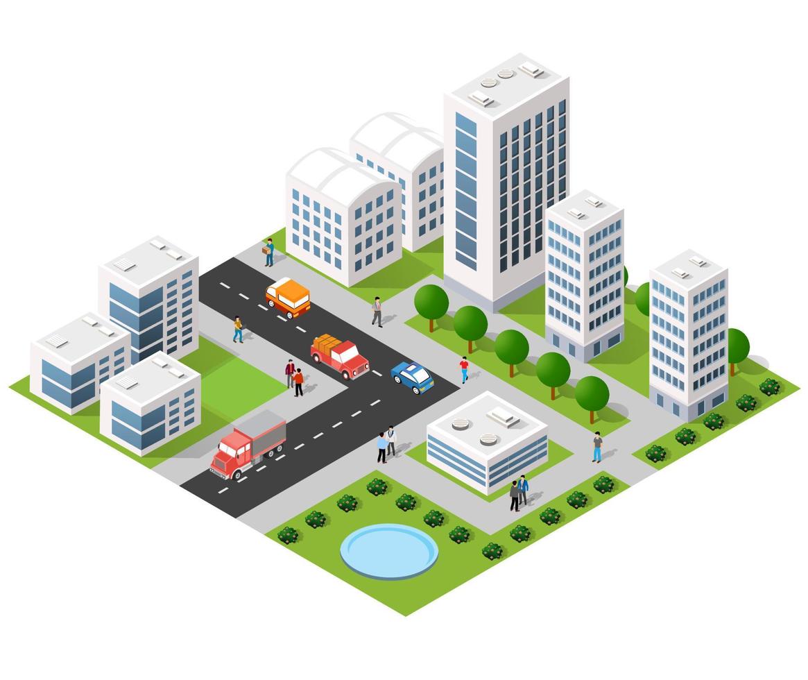 Isometric 3D illustration city urban area with a lot of houses and skyscrapers, streets, trees and vehicles vector