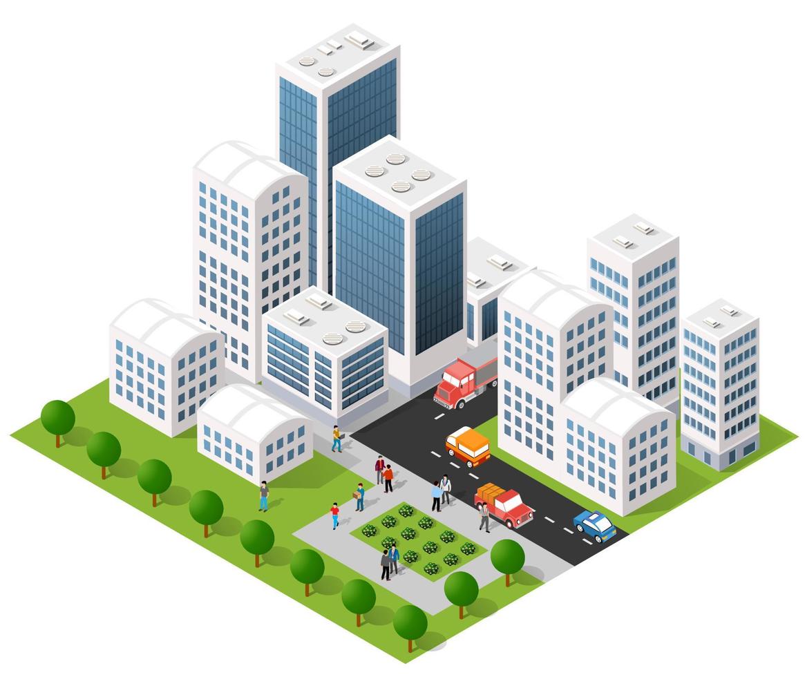 Isometric 3D illustration city urban area with a lot of houses and skyscrapers, streets, trees and vehicles vector