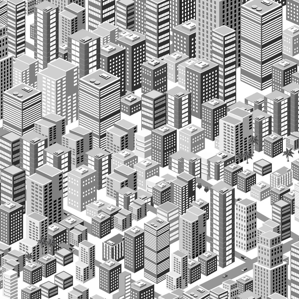 ilustración 3d isométrica área urbana de la ciudad con muchas casas y rascacielos, calles, árboles y vehículos vector