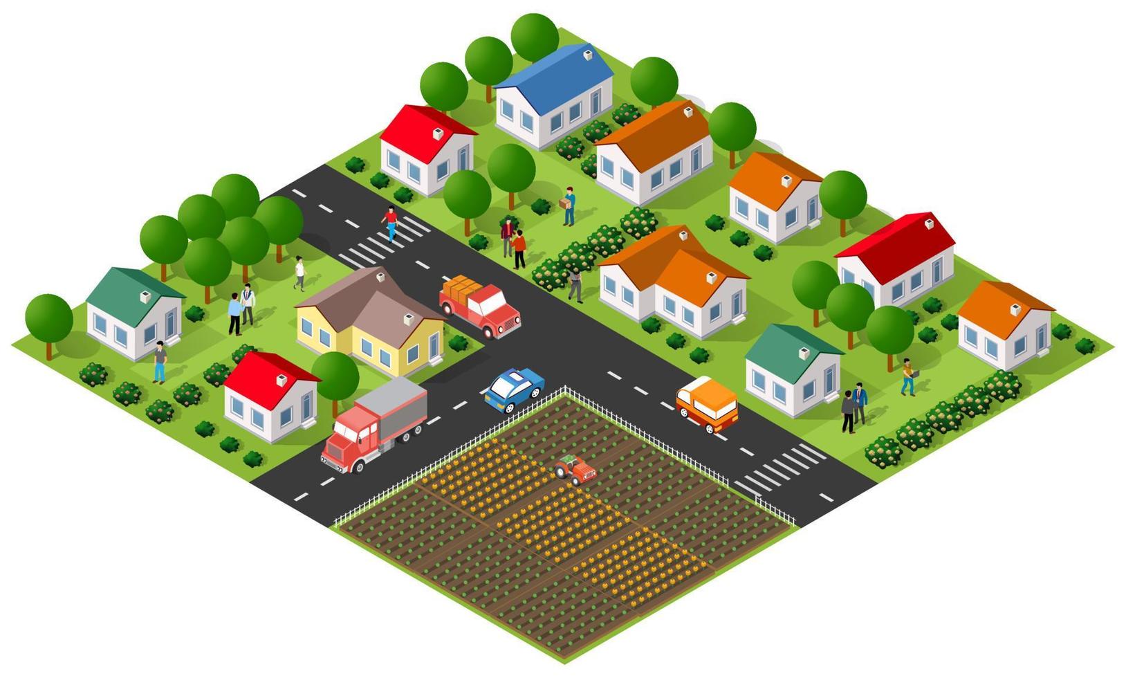 ilustración isométrica del distrito rural de una zona rural con muchos edificios y casas, calles, árboles y vehículos vector