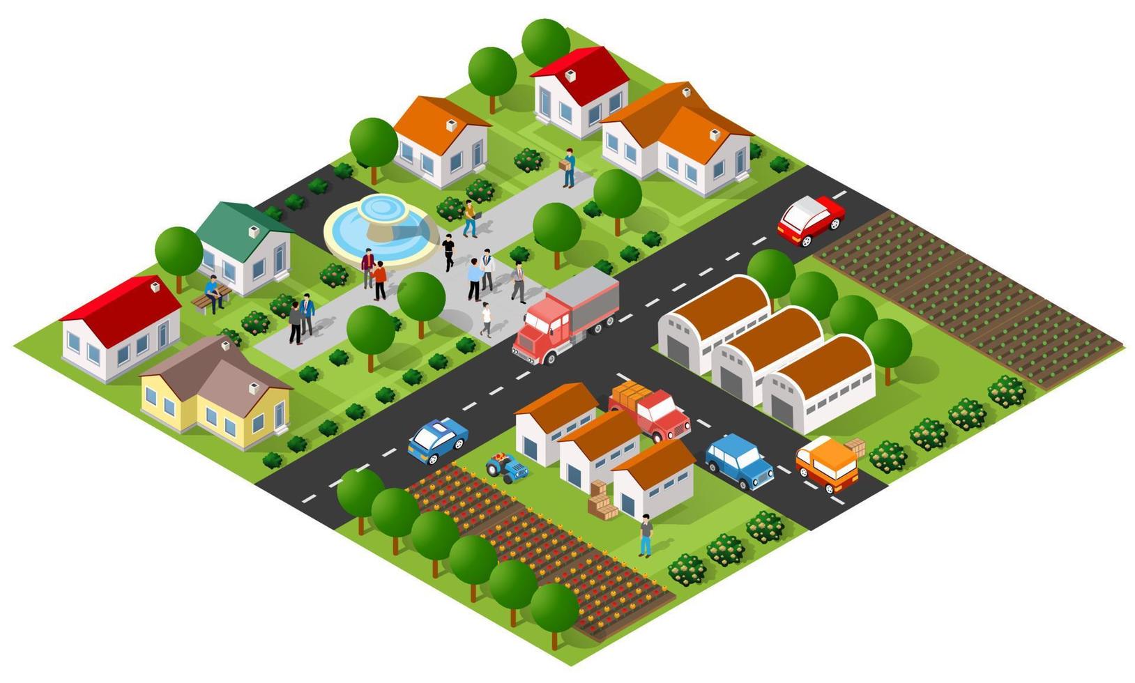 ilustración isométrica del distrito rural de una zona rural con muchos edificios y casas, calles, árboles y vehículos vector