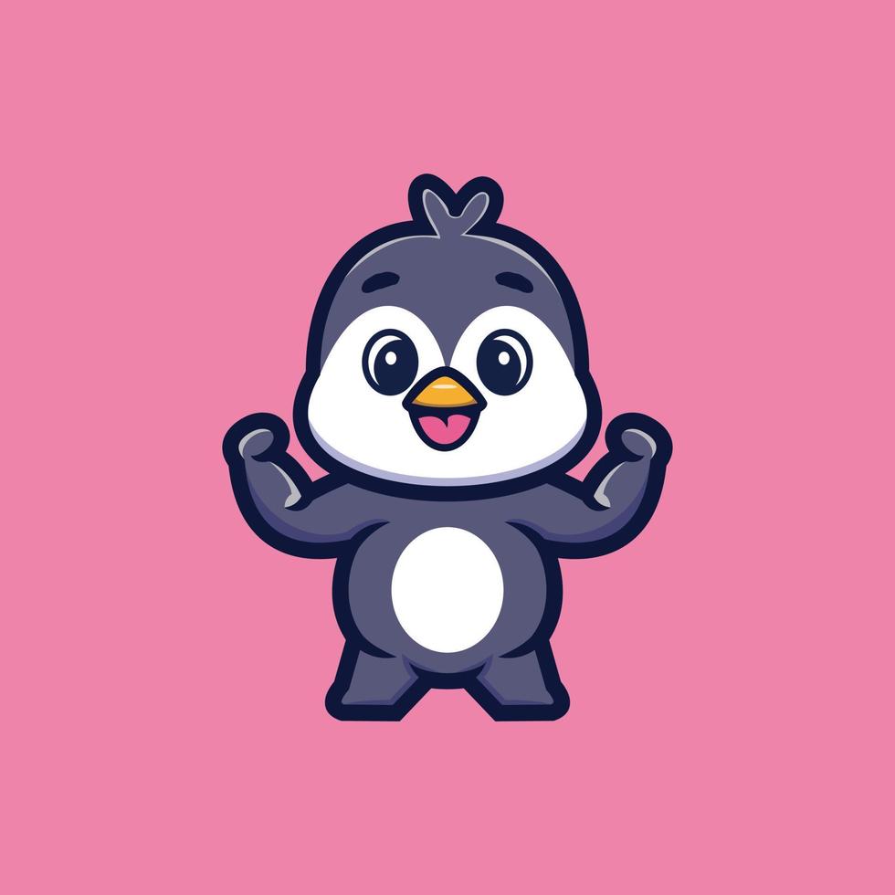 lindo personaje de dibujos animados de pingüino fuerte vector premium