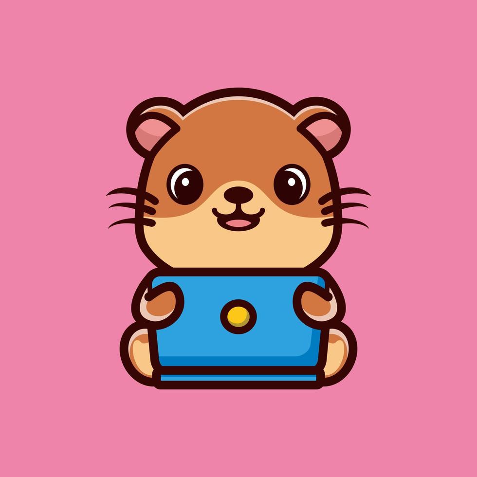 Cute otter cartoon working in front of a laptop. Animal technology icon illustration concept premium vector