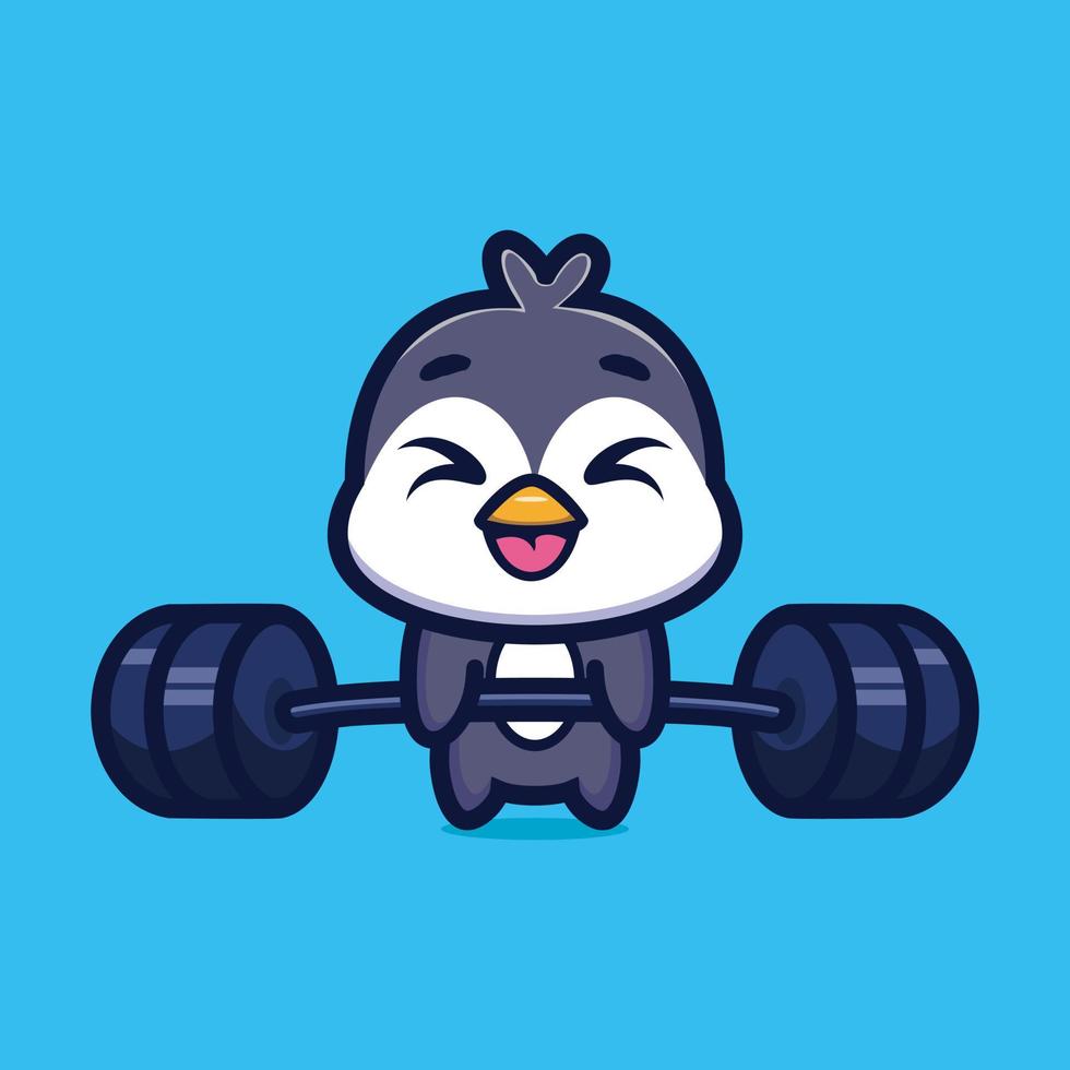 Cute illustration of penguin lifting barbell cartoon character design premium vector