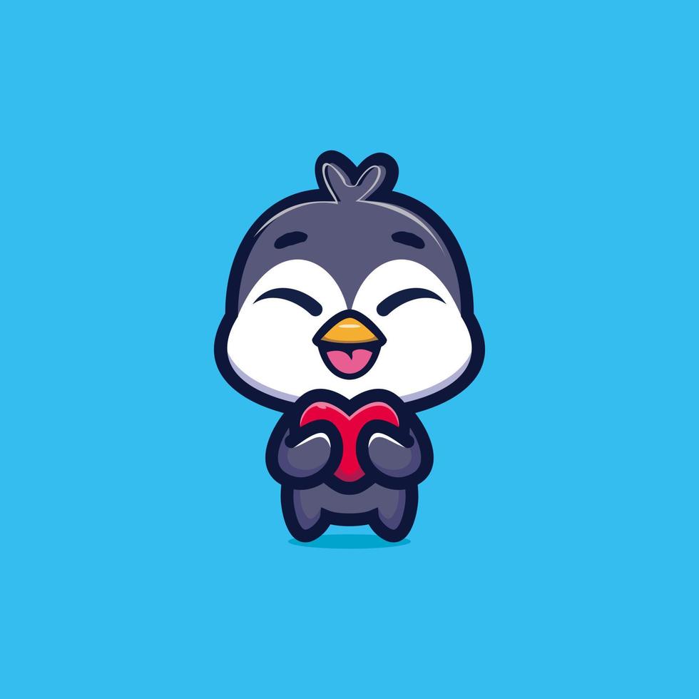 Cute penguin standing holding love cartoon icon vector illustration. Animal love icon concept premium vector