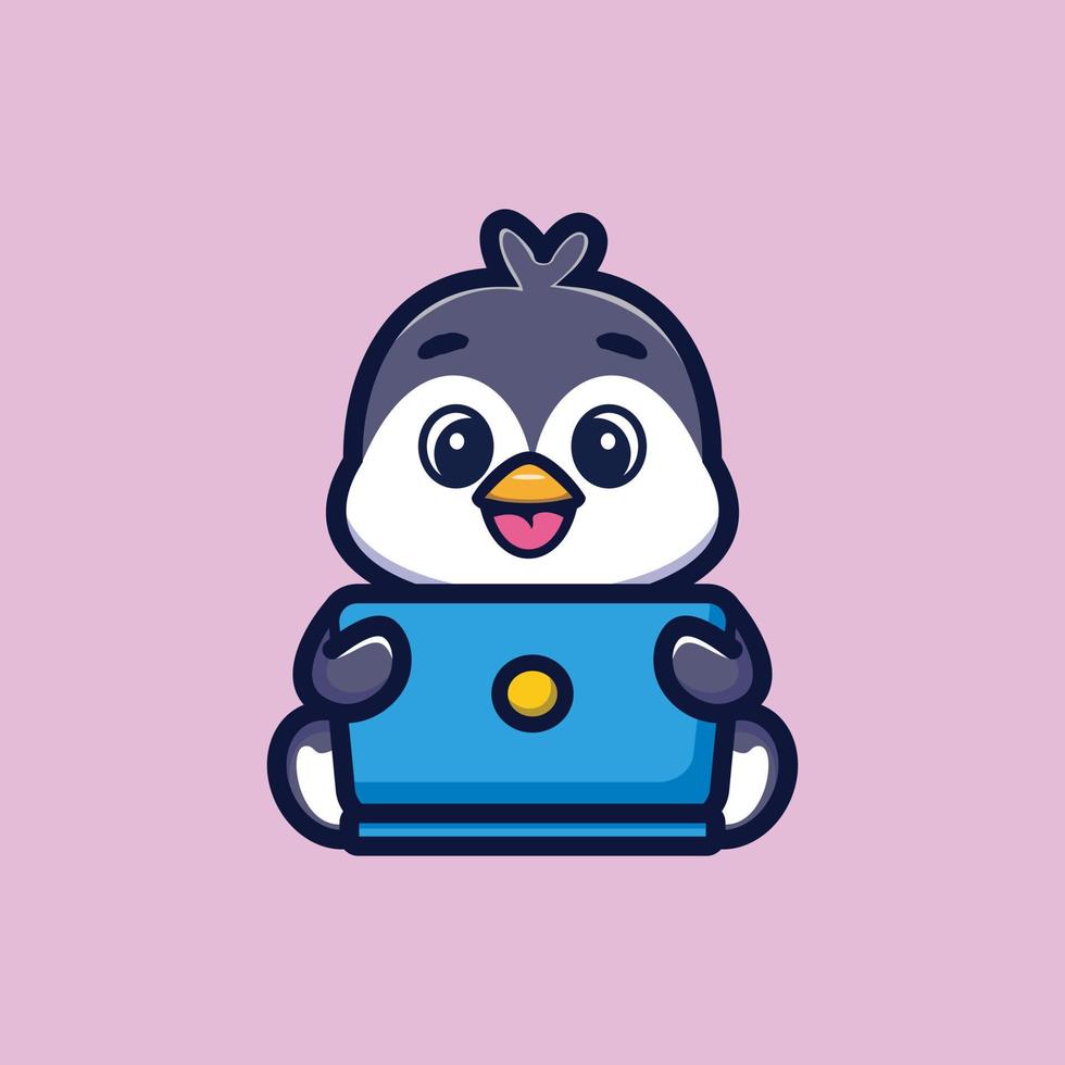 linda caricatura de pingüinos trabajando frente a una computadora portátil. concepto de ilustración de icono de tecnología animal vector premium