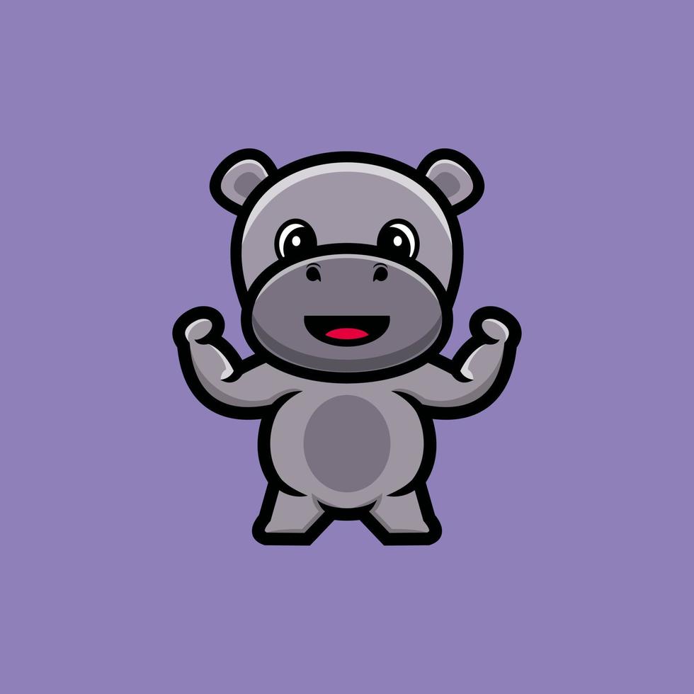 Cute strong hippo cartoon character premium vector