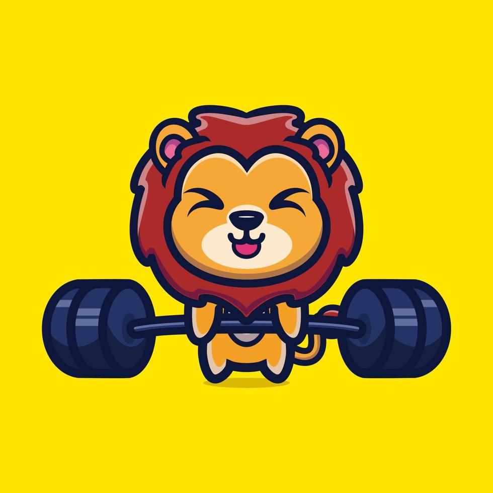 Cute illustration of lion lifting barbell cartoon character design premium vector