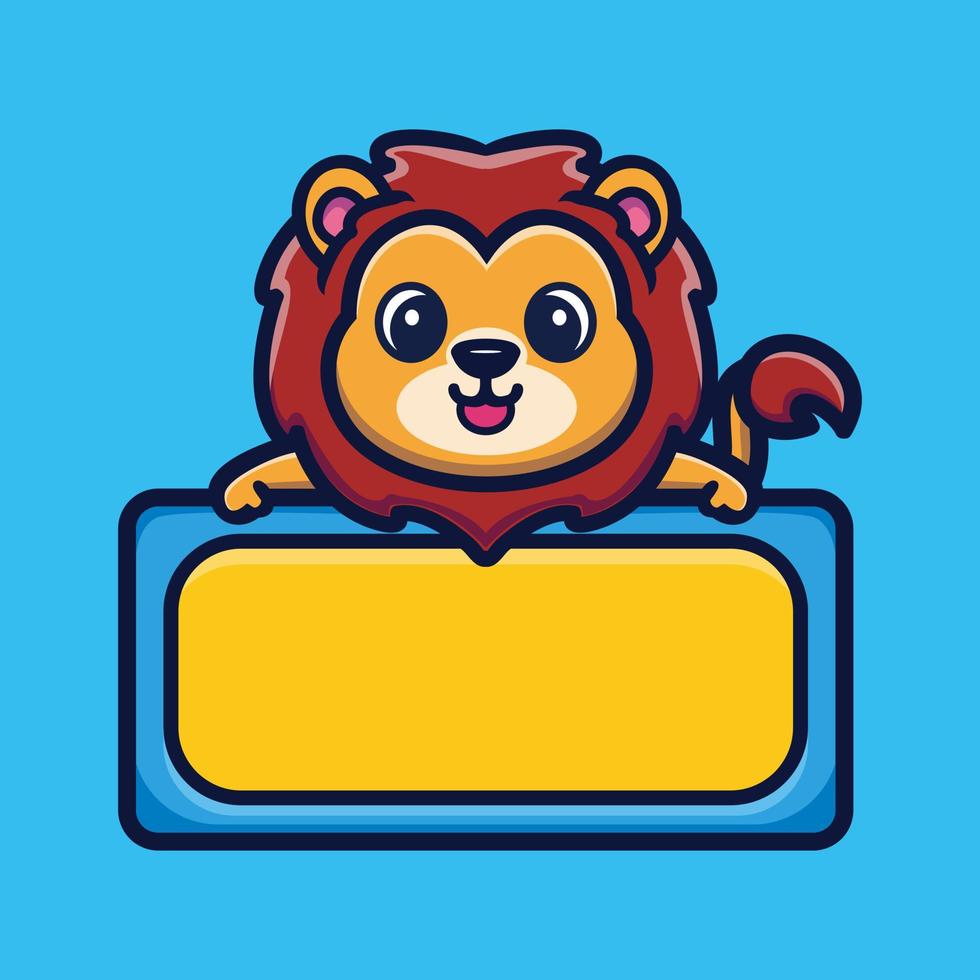 Cute lion with empty board cartoon character premium vector