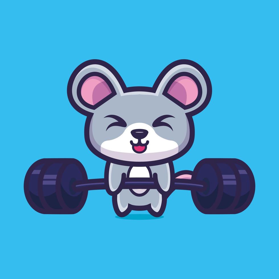 Cute illustration of mouse lifting barbell cartoon character design premium vector