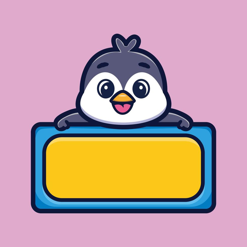 Cute penguin with empty board cartoon character premium vector