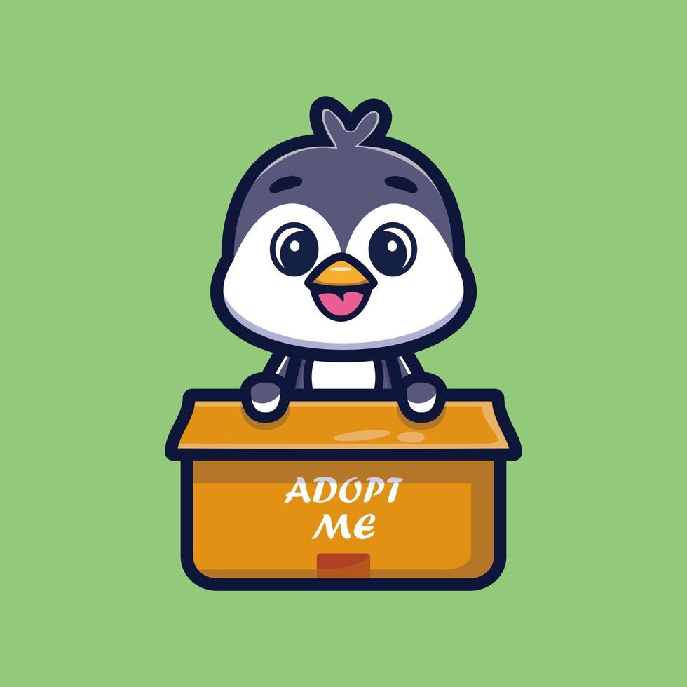 lindo pingüino en caja ilustración vectorial de personaje de dibujos animados, concepto de icono animal vector premium aislado