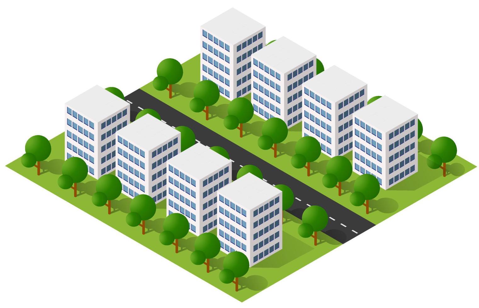 Isometric 3D illustration city urban area with a lot of houses and skyscrapers, streets, trees and vehicles vector
